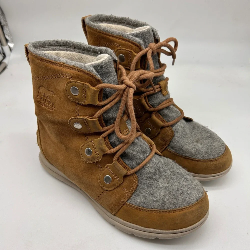 Sorel Explorer Joan Womens 6.5 Waterproof Suede Felt Ankle Boots Brown